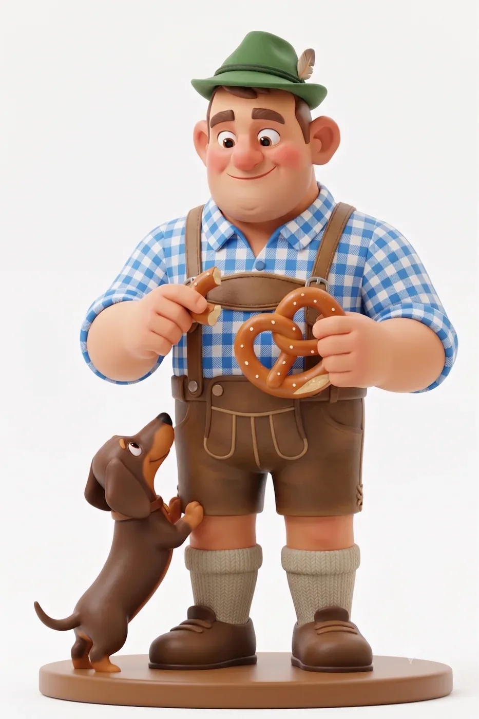 Zeitlegende Sammelfigur: Bayer in Lederhose mit Brezel und Dackel