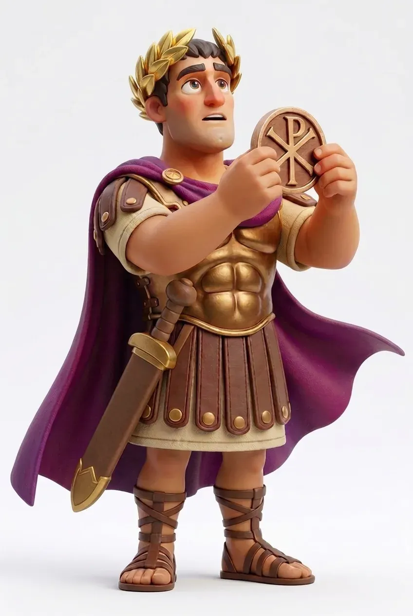 Zeitlegende Sammelfigur Konstantin der Große mit Lorbeerkranz und Purpurmantel betrachtet eine Münze mit dem Christogramm
