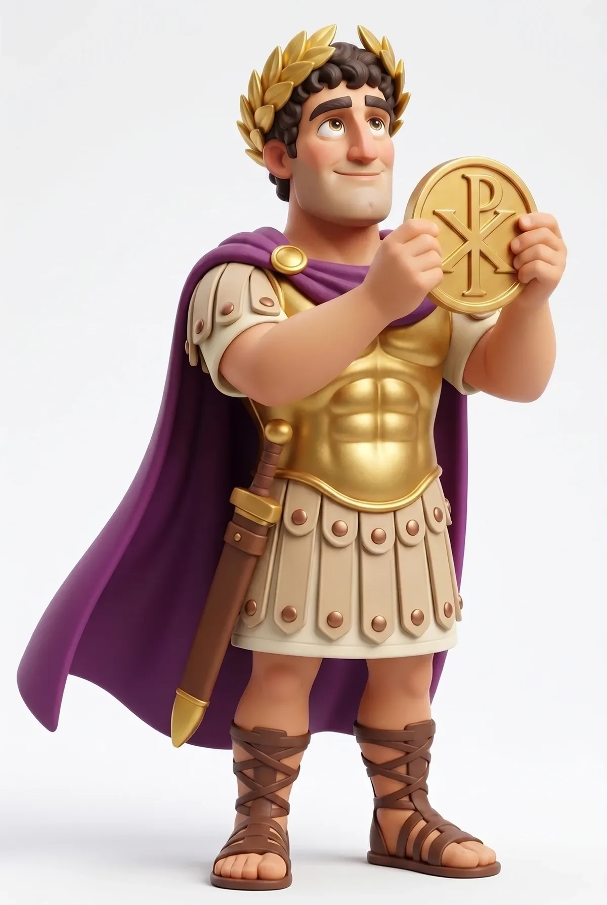 Zeitlegende Sammelfigur Konstantin der Große mit Lorbeerkranz und Purpurmantel betrachtet eine Münze mit dem Christogramm