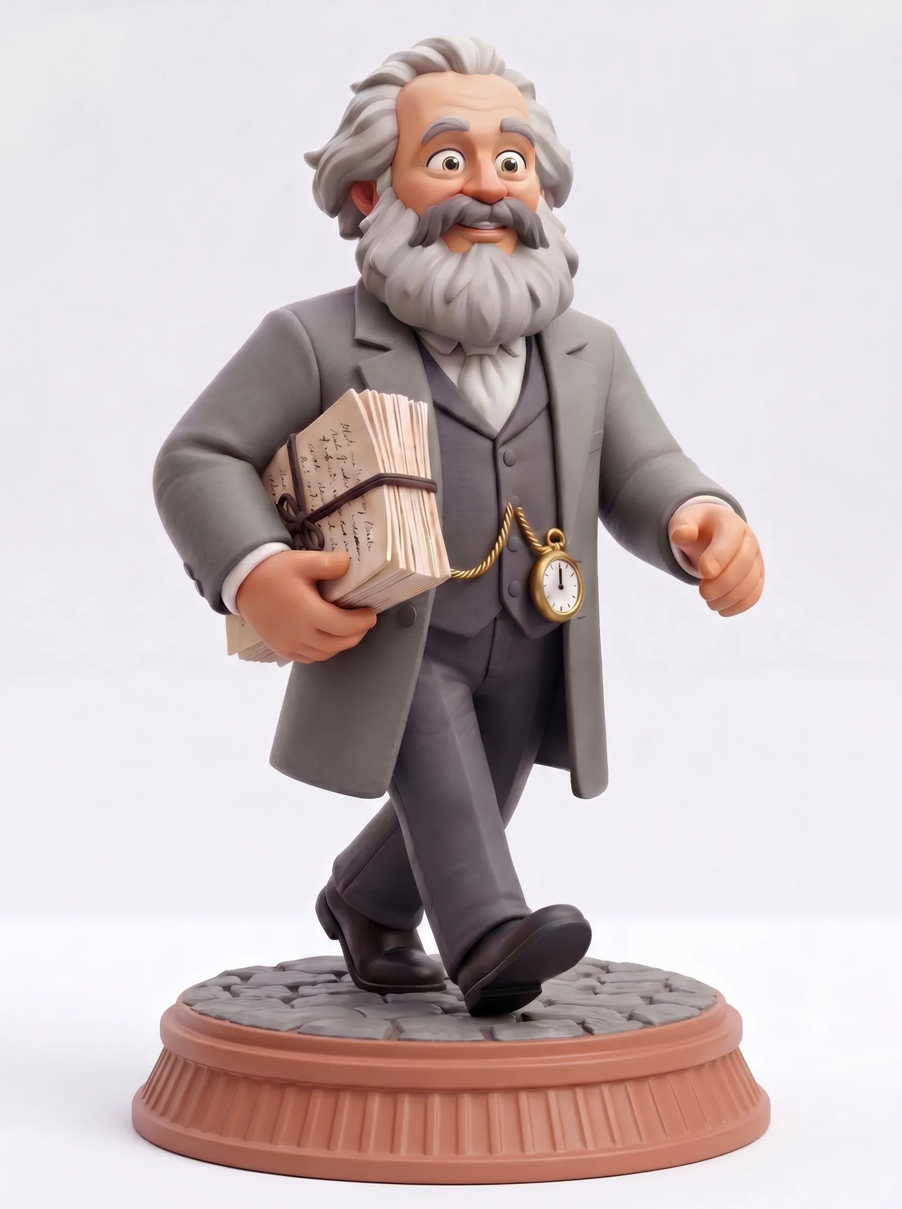 Zeitlegende Sammelfigur Karl Marx eilt mit seinem Manuskript unterm Arm zur Druckerei
