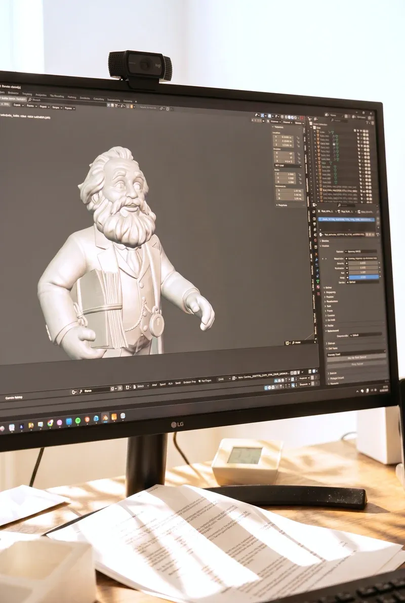 Blick auf den Bildschirm: Das Karl-Marx-Modell wird in Blender als 3D-Skulptur aufgebaut