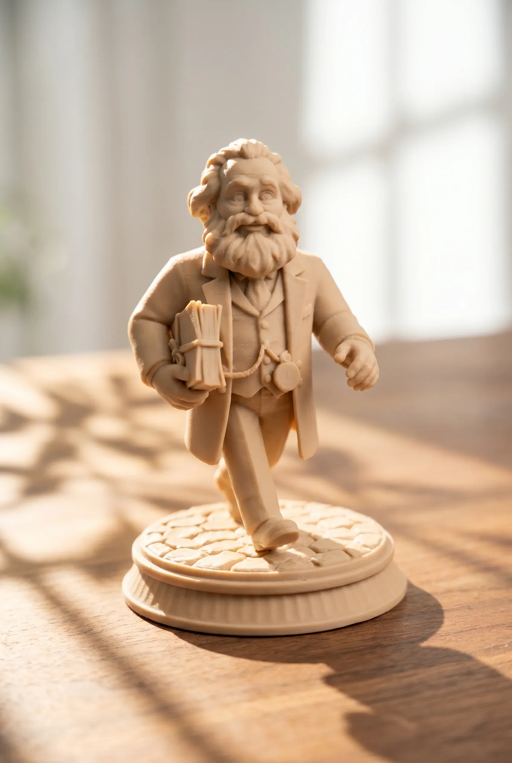 Hand hält den einfarbigen 3D-gedruckten Prototyp der Karl-Marx-Sammelfigur