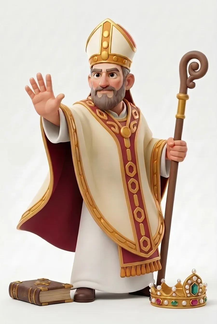 Zeitlegende Sammelfigur eines Bischofs mit Bischofsstab, Krone und Bibel zu seinen Füßen
