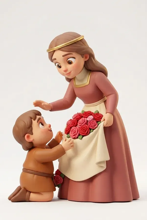 Zeitlegende Sammelfigur einer Heiligen, die einem knienden Armen Rosen reicht