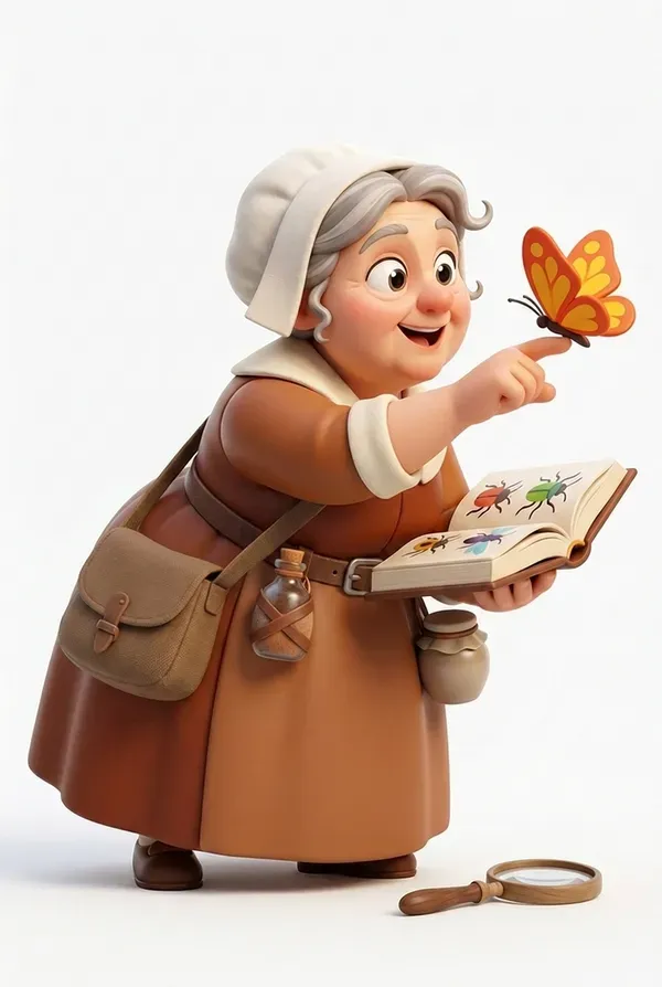 Zeitlegende Sammelfigur einer Naturforscherin mit Schmetterling und Insektenbuch