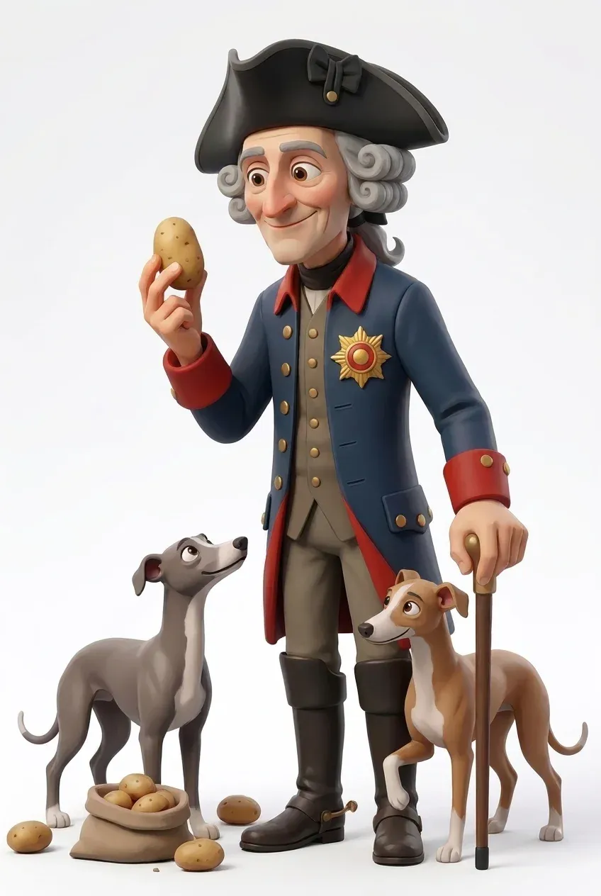 Zeitlegende Sammelfigur eines preußischen Königs mit Kartoffel und zwei Windhunden