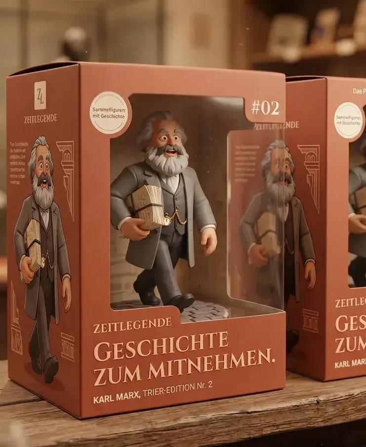 Verpackungsentwurf der Zeitlegende-Sammelfigur Karl Marx in Terrakotta-Editionsoptik mit Sichtfenster
